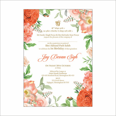 Flat A5 Akhand Path Invitation Card AK 123 | Sikh Ceremony Invite with Ek Onkar, Punjabi Script & Floral Design
