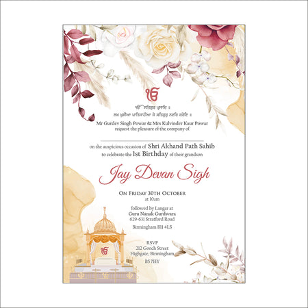 Akhand and sukhmani sahab path invitation 
card design with ek on kar and punjabi writting with floral cream and pink design with gold ink pattern and gurdwara