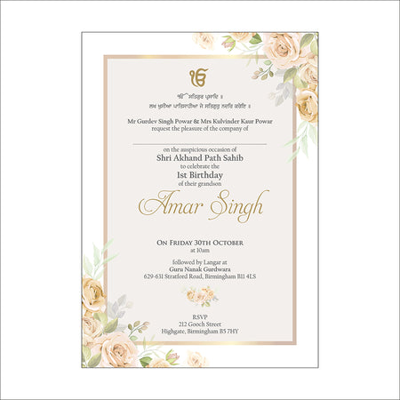 Akhand and sukhmani sahab path invitation 
card design with ek on kar and punjabi writting with floral peach design on two corners