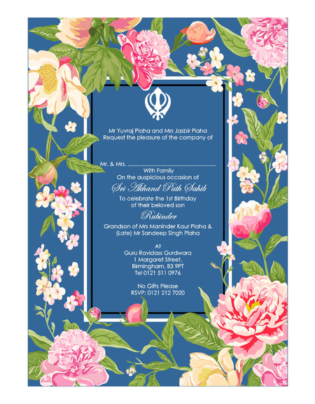 Lovely Watercolour flowers Sikh Akhand Path invitation in Blue BA 154