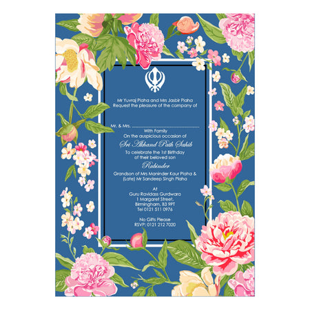 Lovely Watercolour flowers Sikh Akhand Path invitation in Blue BA 154