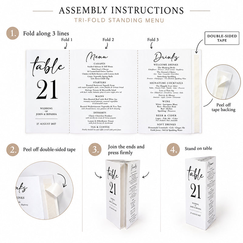 Classy 014 - Personalised Tri-Fold Triangle Menu Cards with Table Number
