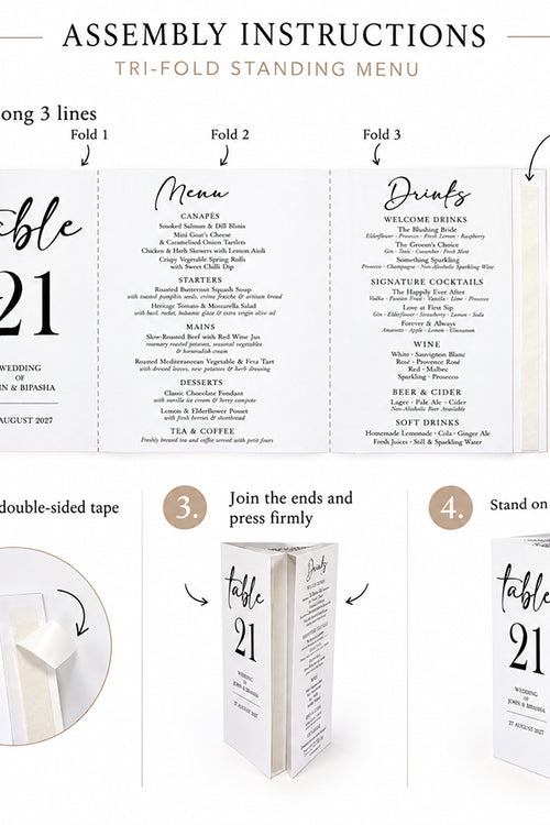 Load image into Gallery viewer, Classy 014 - Personalised Tri-Fold Triangle Menu Cards with Table Number
