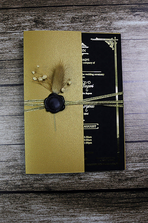 Load image into Gallery viewer, Luxury gold foil wedding invitation A5 black with wax seal, dried flowers, string tie and light gold envelope
