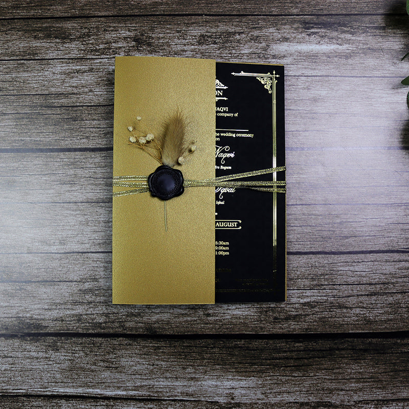 Luxury gold foil wedding invitation A5 black with wax seal, dried flowers, string tie and light gold envelope