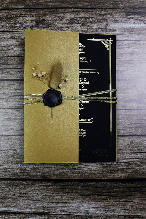 Load image into Gallery viewer, Luxury gold foil wedding invitation A5 black with wax seal, dried flowers, string tie and light gold envelope
