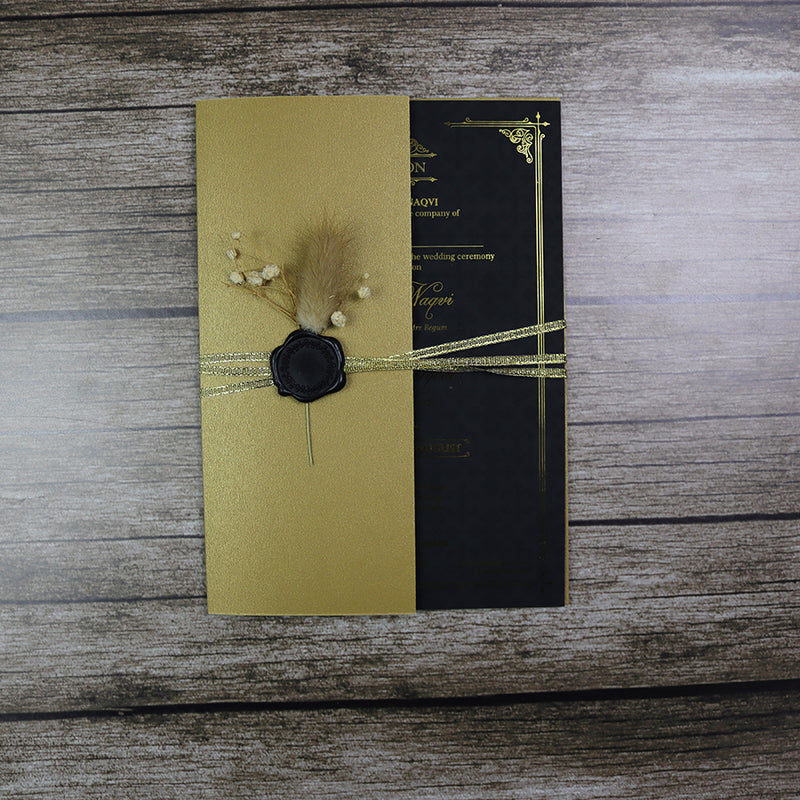 Luxury gold foil wedding invitation A5 black with wax seal, dried flowers, string tie and light gold envelope
