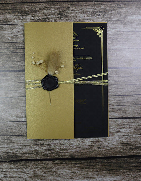 Luxury gold foil wedding invitation A5 black with wax seal, dried flowers, string tie and light gold envelope
