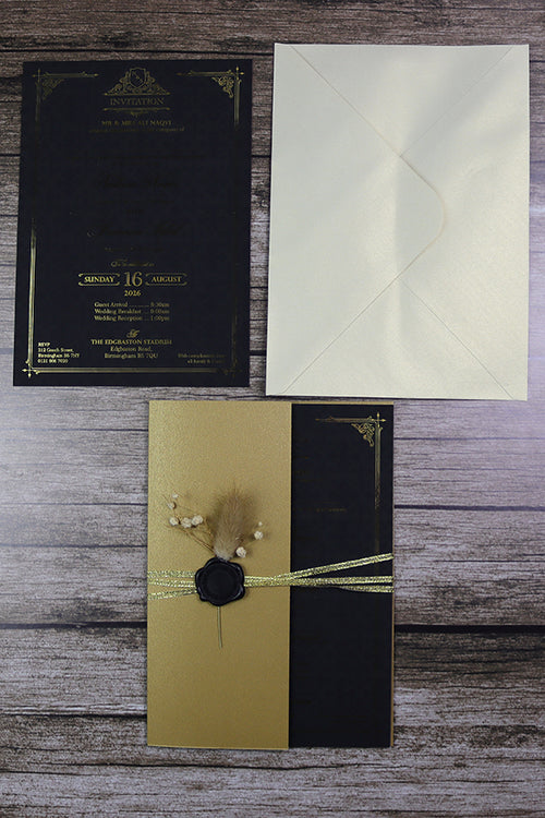 Load image into Gallery viewer, Luxury Gold Foil Invitation with Wax Seal &amp; Dried Flowers TFC 101
