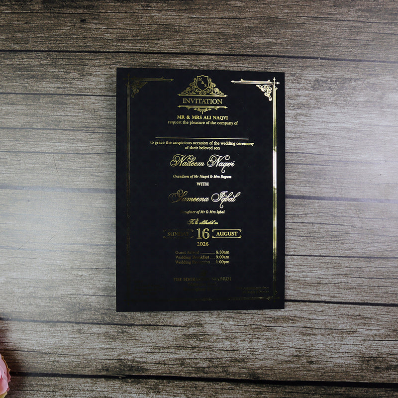 Luxury gold foil wedding invitation A5 black with wax seal, dried flowers, string tie and light gold envelope