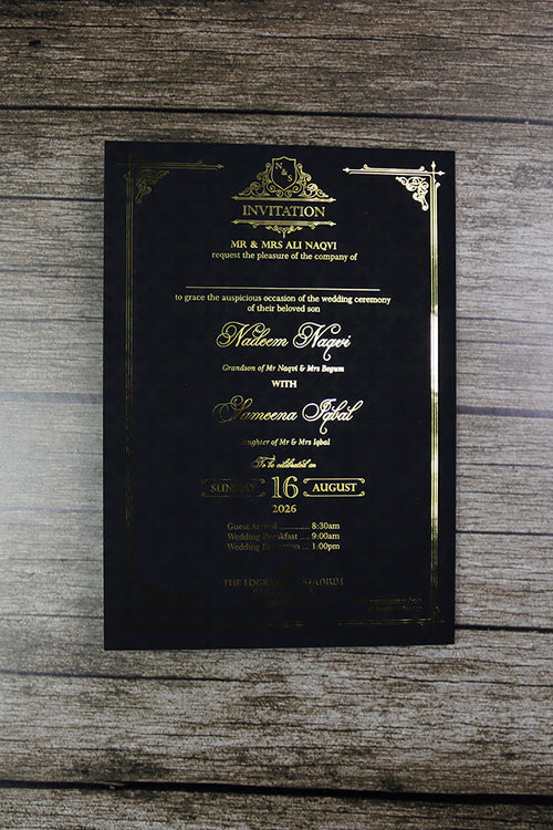 Load image into Gallery viewer, Luxury gold foil wedding invitation A5 black with wax seal, dried flowers, string tie and light gold envelope
