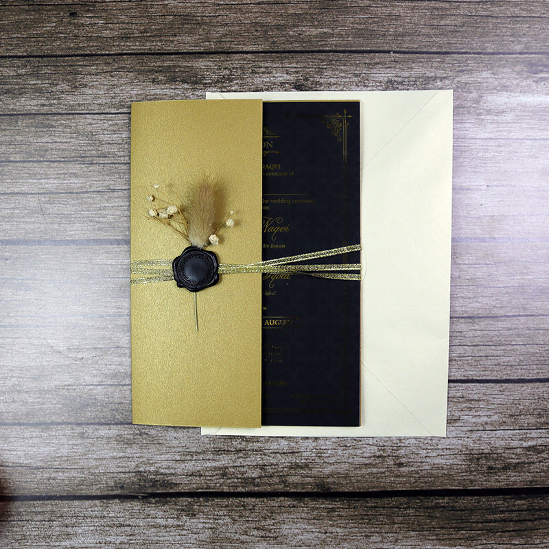 Luxury gold foil wedding invitation A5 black with wax seal, dried flowers, string tie and light gold envelope