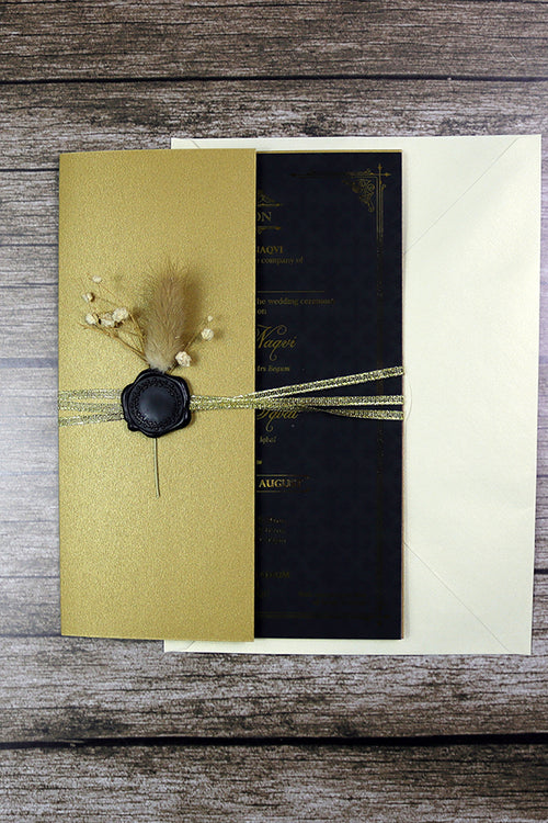 Load image into Gallery viewer, Luxury gold foil wedding invitation A5 black with wax seal, dried flowers, string tie and light gold envelope
