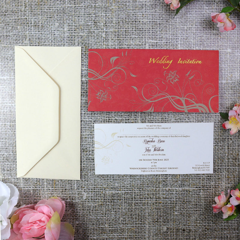 CHSP 12 Red and gold single fold floral wedding Invitation