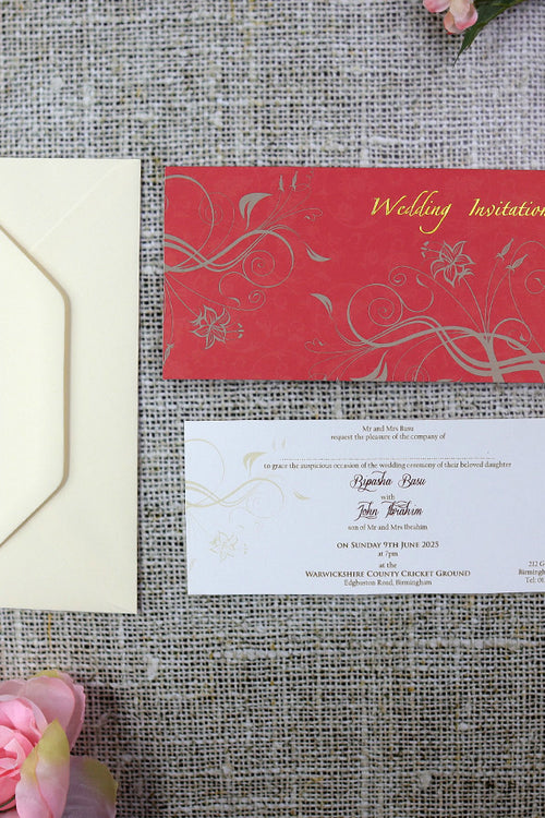 Load image into Gallery viewer, CHSP 12 Red and gold single fold floral wedding Invitation
