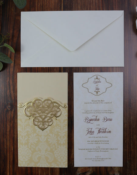 opened up view of the Lasercut invites wedding in Ivory & gold with pocket