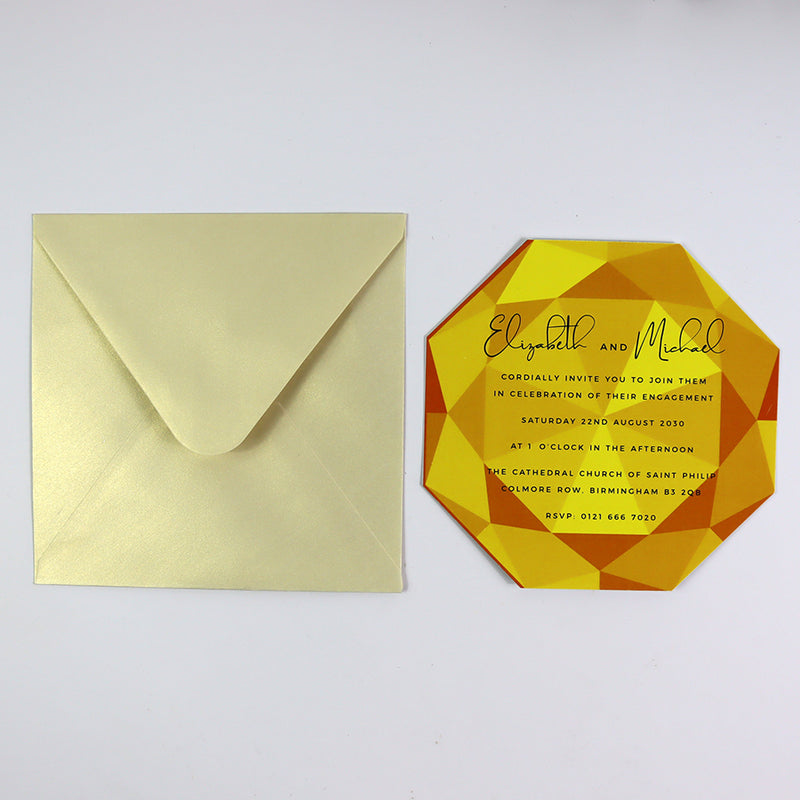 ABC 1329 Personalised Diamond Cut Flat Invitation Card – Gold Design with Envelopes