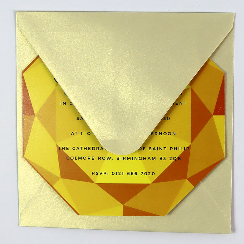 ABC 1329 Personalised Diamond Cut Flat Invitation Card – Gold Design with Envelopes