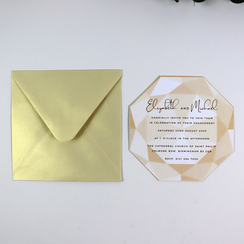 ABC 1330 Personalised Diamond Cut Flat Invitation Card – Light Gold Design with Envelopes