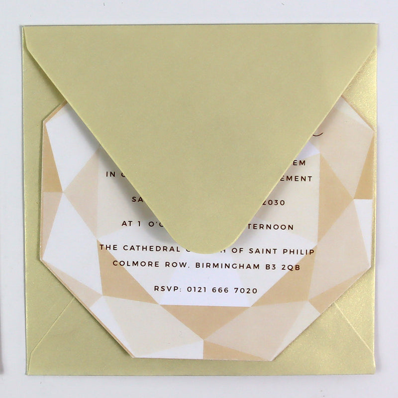 ABC 1330 Personalised Diamond Cut Flat Invitation Card – Light Gold Design with Envelopes