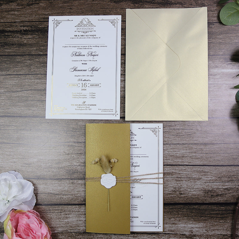 Luxury Gold Foil Invitation with Wax Seal & Dried Flowers TFC 103
