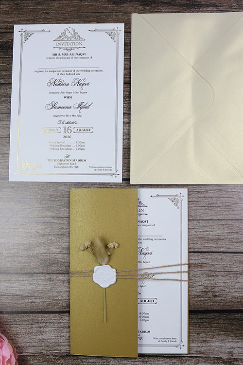Load image into Gallery viewer, Luxury Gold Foil Invitation with Wax Seal &amp; Dried Flowers TFC 103
