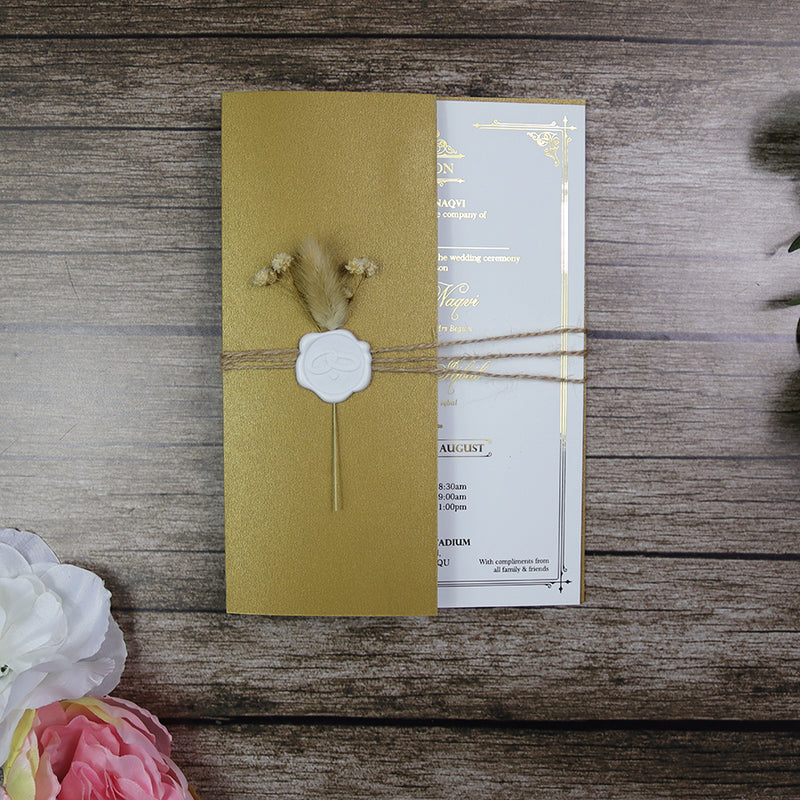 Luxury gold foil wedding invitation A5 cream with wax seal, dried flowers, string tie and light gold envelope