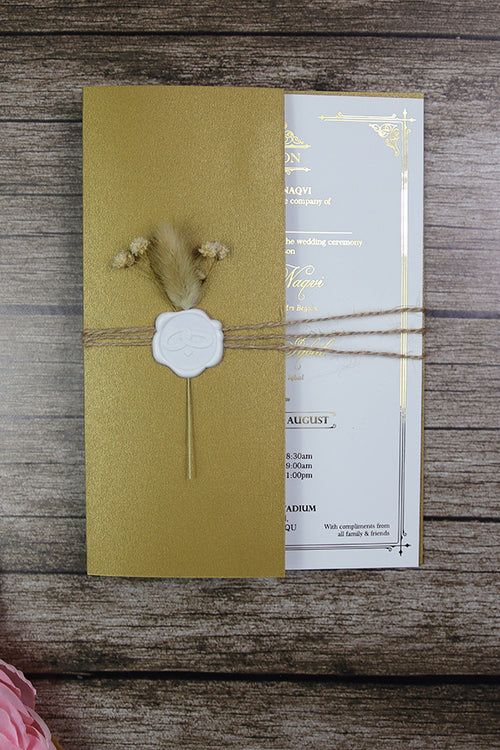 Load image into Gallery viewer, Luxury gold foil wedding invitation A5 cream with wax seal, dried flowers, string tie and light gold envelope
