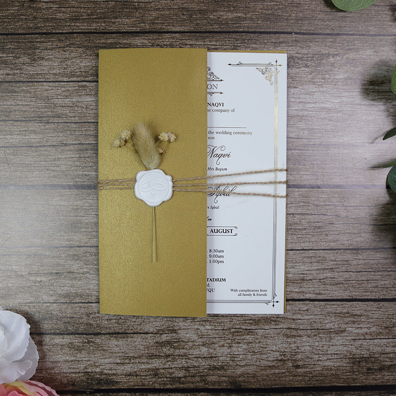 Luxury gold foil wedding invitation A5 cream with wax seal, dried flowers, string tie and light gold envelope
