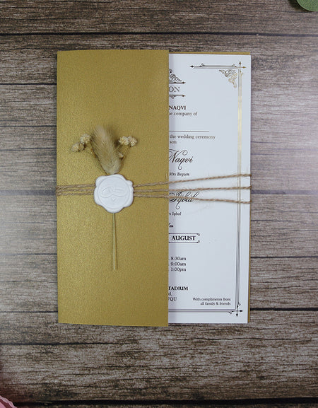 Luxury gold foil wedding invitation A5 cream with wax seal, dried flowers, string tie and light gold envelope