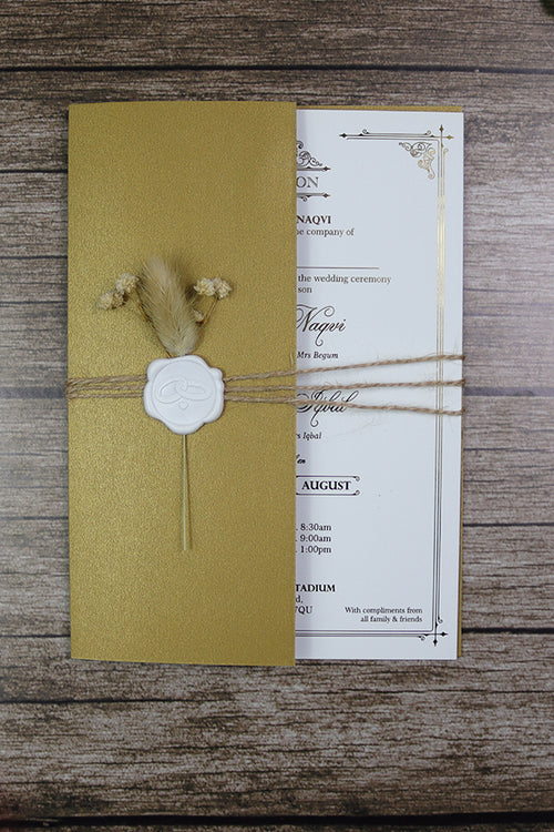 Load image into Gallery viewer, Luxury gold foil wedding invitation A5 cream with wax seal, dried flowers, string tie and light gold envelope
