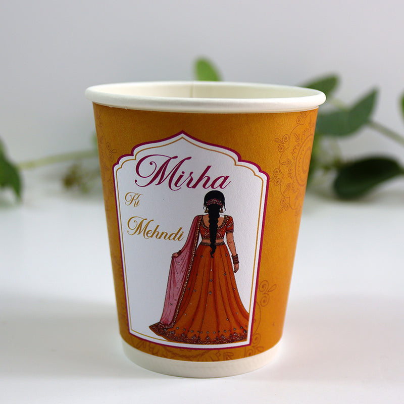 113 Yellow & Orange Girl - Mehndi/Dholki Chai Cups | Weddings/Nikkah/Mehndi/Parties