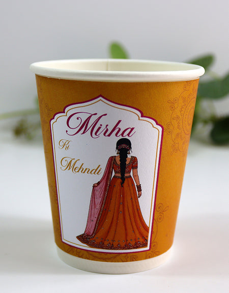 113 Yellow & Orange Girl - Mehndi/Dholki Chai Cups | Weddings/Nikkah/Mehndi/Parties
