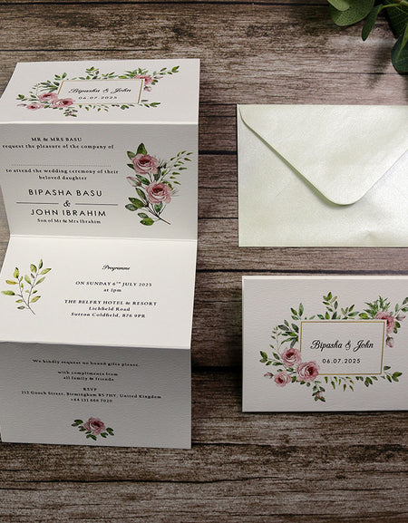 ABC FC 111 Elegant Pink Floral Portrait tri fold Invitation with Envelope