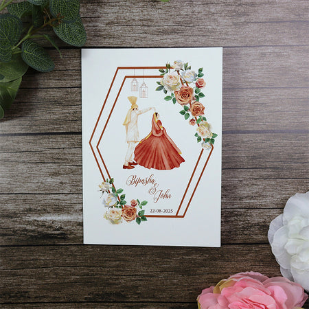 Red framed A5 Size invitation with image of Desi bride and groom in Red and Ivory and red clothing