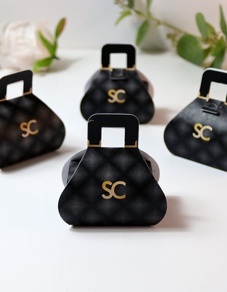 Handbag-Shaped Favour Boxes 104 Black – Personalised with Initials or Logo