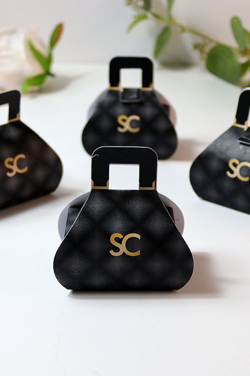 Load image into Gallery viewer, Handbag-Shaped Favour Boxes 104 Black – Personalised with Initials or Logo
