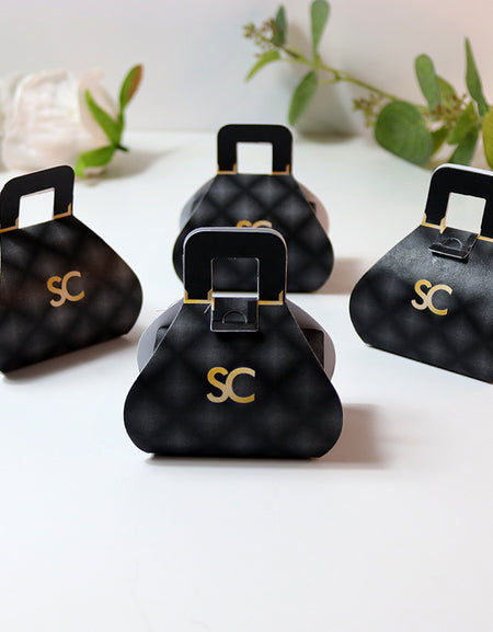 Handbag-Shaped Favour Boxes 104 Black – Personalised with Initials or Logo