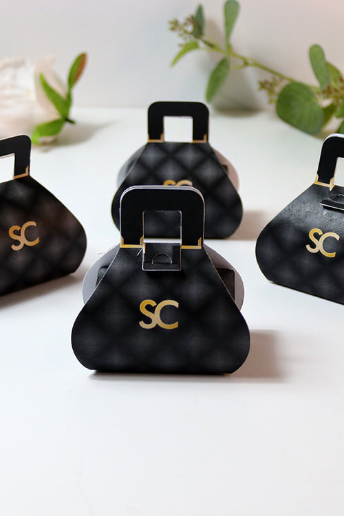 Load image into Gallery viewer, Handbag-Shaped Favour Boxes 104 Black – Personalised with Initials or Logo
