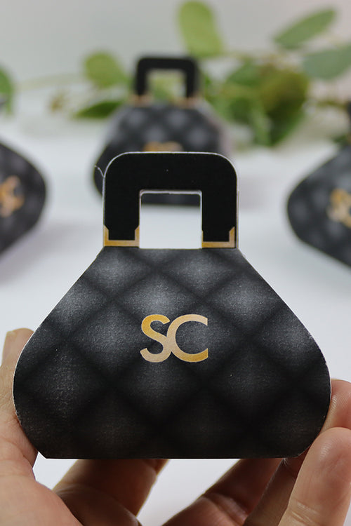 Load image into Gallery viewer, Handbag-Shaped Favour Boxes 104 Black – Personalised with Initials or Logo
