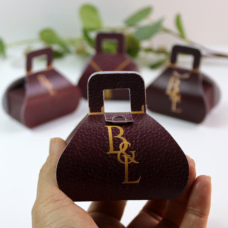 Handbag-Shaped Favour Boxes 103 Maroon – Personalised with Initials or Logo