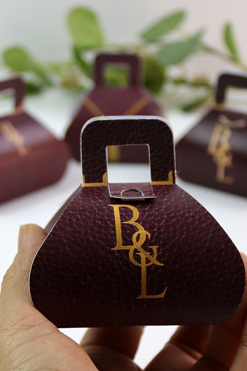 Load image into Gallery viewer, Handbag-Shaped Favour Boxes 103 Maroon – Personalised with Initials or Logo
