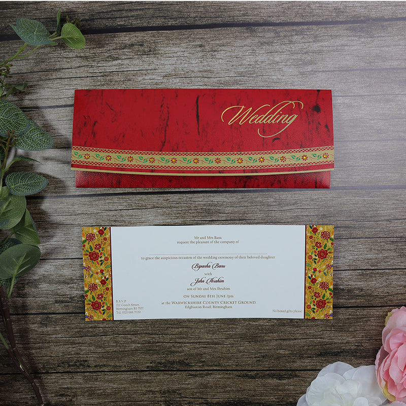 HW005 Bengali style crimson red diamante pocket wedding invitations