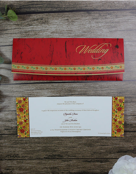 HW005 Bengali style crimson red diamante pocket wedding invitations