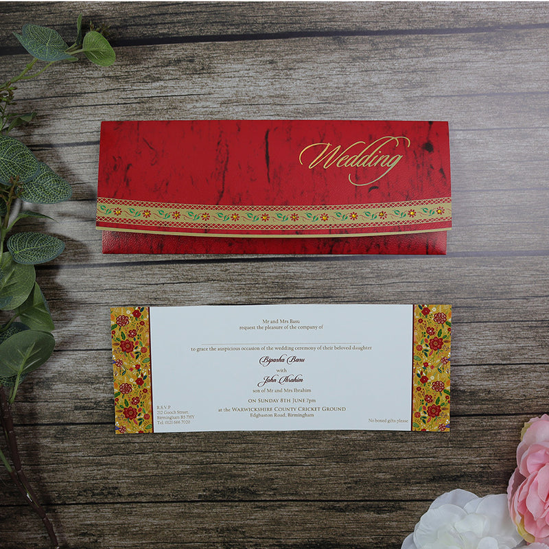Red and gold long pocket wedding invitation with floral border