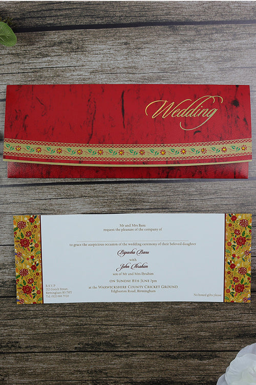Load image into Gallery viewer, Red and gold long pocket wedding invitation with floral border
