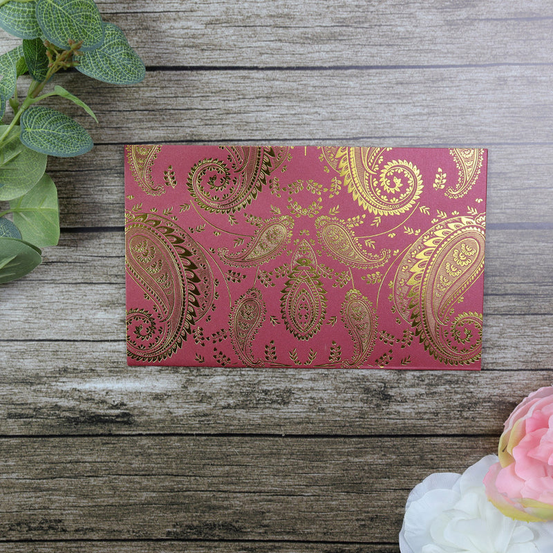 HW018 Indian design red wedding card letterpressed gold paisley