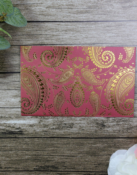 HW018 Indian design red wedding card letterpressed gold paisley