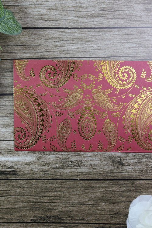 Load image into Gallery viewer, HW018 Indian design red wedding card letterpressed gold paisley
