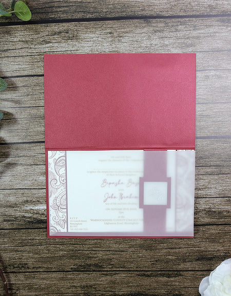 HW018 Indian design red wedding card letterpressed gold paisley